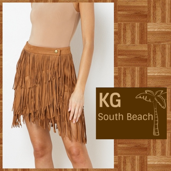 KG South Beach Collection Dresses & Skirts - Sexy Faux Suede Mini Skirt Asymmetrical Fringe Details Banded Waistband